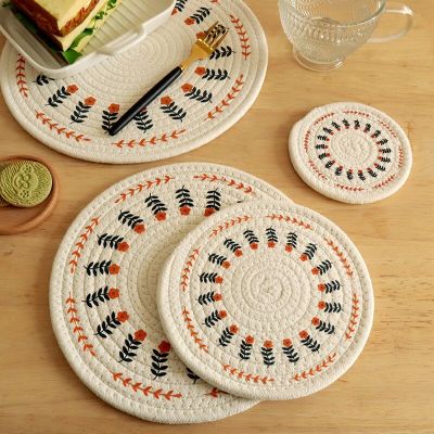 1Pc Thicken Round Woven Insulation Pad Table Mat Light Luxury Nordic Cotton Flower Printed Placemat Dish Coaster