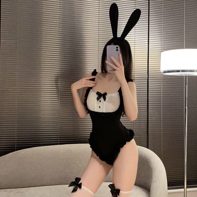 REBEYULI 2023 Cosplay Lingerie Women Sexy Backless Cute Bunny Girl Japanese Style Black White Patchwork Bodysuit Kawaii Lingerie