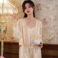 Ao Dai ชุดนอนแขนยาวผ้าไหมจำลองศาลลมหลวม Ice Silk Outwear หน้าอก Pad Homewear สามชิ้นฤดูใบไม้ร่วงและฤดูหนาว ใหม่