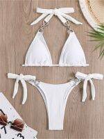 Luxury Rhinestone Bikini Women Solid White Halter Push Up Micro Swimsuit 2023 Sexy Bathing Suit Tie Side Triangle Swimwear