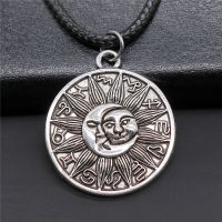 Retro Vintage Unisex 2 Colors 28x25mm Moon And Sun Zodiac Pendant Faux Black Leather Rope Chain Necklace