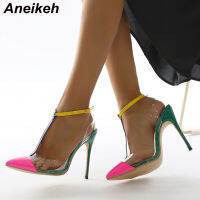 Aneikeh 2022 Fashion PVC Womens Pumps Ladies Shoes Pointed Toe T-Tied Mixed Colors Thin Heels Gladiator y Slingbacks Party