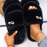 Womens Slippers Fur Sandals Metal Bowknot Furry Slides Faux Fur Flip Flops Pearl Slippers Fuzzy Plush Sandals Female Flat Shoes