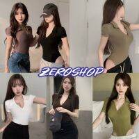 Zero shop?พร้อมส่ง? (Zero-DX-9732-H/D15) เสื้อบอดี้สูทไหมพรมดีเทลหน้าวีแต่งคอปกแขนสั้น สายฝอมาก