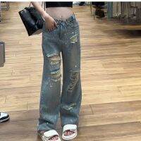 เสื้อคลุม Summer high-waist straight-leg ripped jeans womens design sense with diamond pants