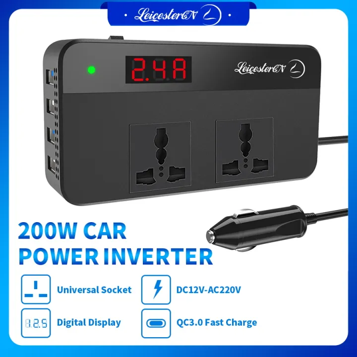 【Upgraded】LST 200W 220V Car Power Inverter Original DC 12V to 220V AC Car Converter 2 AC Outlets 4 USB Ports Adapter(2*QC3.0 Fast Charging Port) DC to AC Inverter with Digital Display