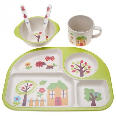 5Pcsset Bamboo Fiber Baby Plate Dishes Eco-friendly Children Tableware Dishes Dinnerware baby Gift