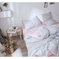 ?โปรดี!! - เซทผ้าปูที่นอน Small strip pink pastel gray (ได้เฉพาะ: 5 Feet - Small st...) ส่งเร็ว? ชุดเครื่องนอน