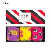 ถุงเท้ากล่องของขวัญ VPM EU 38-44สำหรับผู้ชาย &amp; ผู้หญิงสีสันน่ารักผลไม้ฮาราจูกุถุงเท้าแห่งความสุขชุดคู่รัก (3คู่/ล็อต)