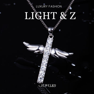 LIGHT &amp; Z Full Diamond จี้เงิน925รูปไม้กางเขน Angel Wings สร้อยคอแฟชั่นแบบเรียบง่าย
