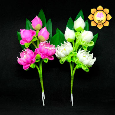 ช่อดอกบัว (ช่อคู่) ตูมแย้มบาน 5 ดอก (ดินญี่ปุ่น)