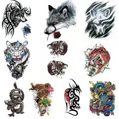 10 Styles Cool Mens Temporary Tattoos Fake Stickers Wolf Tiger Dragon Body Art Black Transfer Waterproof Arm Tattoo Sticker Man