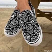 Halloween Pumpkin Size 43 Shoes 2022 Autumn Skeleton Printing Flats Women Shoes Slip-on Lazy Canvas Shoes Loafers Zapatos Mujer