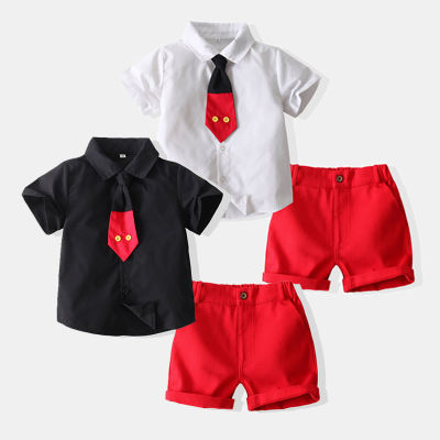 New Arrives Baby Boy Clothes Summer Gentleman Birthday Suits Kids Party Dress Cotton Tie Shirt + Shorts 2PCS Formal College Style Set  2 3 4 5 6 Years fw1