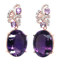 ต่างหูพลอยแท้ อเมทิสต์ (Amethyst) 17 x 22 mm. และ เพชร-cz เงินแท้ 925 ชุบนาค (rose gold)