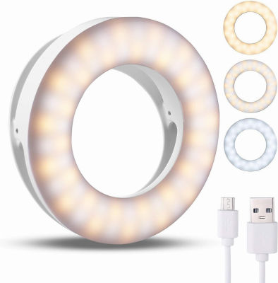 Benbilry Clip On Selfie Ring Light, [Rechargeable] [3 Light Modes] with 60 LED, 4-Level Mini Circle Light for iPhone/Android Cell Phone iPad Laptop Photography, Camera Video, Girl Makes up