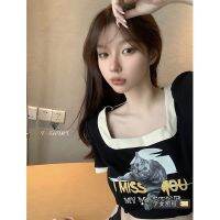 Hubble-Bubble Sleeve Cat Square Collar T-Shirt Female 2022 Summer New Retro Spice Brief Paragraph Cultivate Ones Morality Short Sleeve Blouse Sweet Chilli Sauce