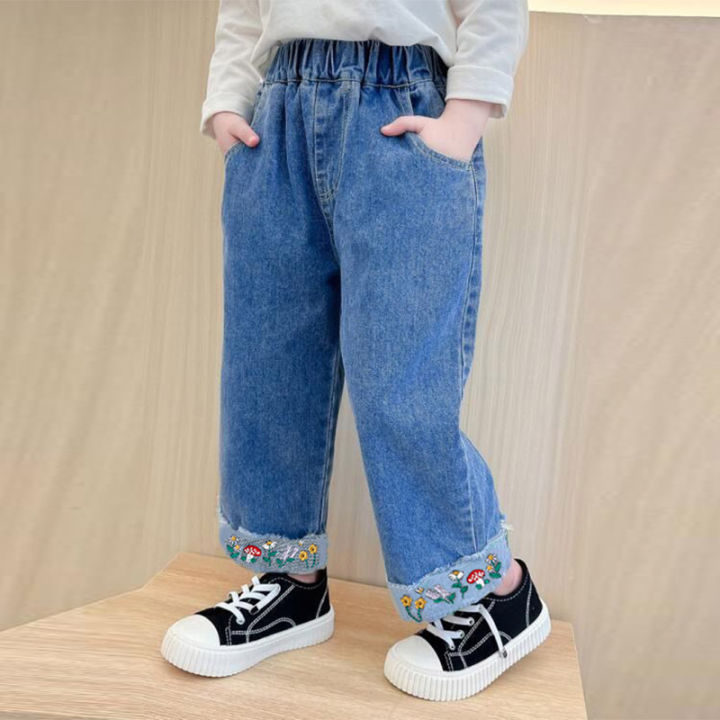 เสื้อผ้าเด็ก-amila-กางเกงยีนส์ลำลองน่ารักสำหรับขนาดเล็กและขนาดกลางเด็กผู้หญิงยีนสีทึบกางเกงขาม้า