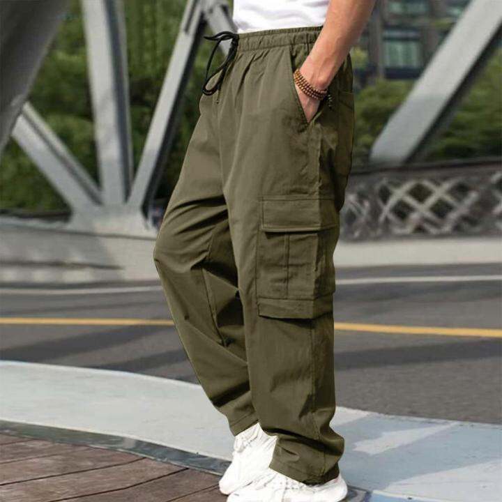 men-casual-cargo-pants-elastic-waistband-drawstring-multi-pockets-hip-hop-slacks-straight-wide-leg-long-trousers