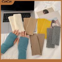 CUCU แฟชั่นสำหรับผู้หญิง อีลาสติก หนาอบอุ่น ไม่มีนิ้ว ถุงมือถักนิตติ้ง ที่อุ่นแขน ข้อมือแขนเสื้อ ถุงมือนวม