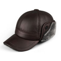 Man Genuine Leather Hats Winter First Layer Cowhide Warm Earmuffs Bomber Caps Plus Velvet Thicken Male Bone Caps Dad Hat