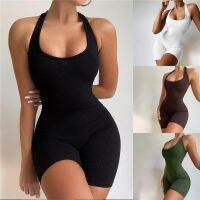 แขนกุด Halter Solid Backless Ribbed Skinny Bodycon Playsuit ฤดูใบไม้ร่วงฤดูหนาวผู้หญิง Streetwear Casual Romper