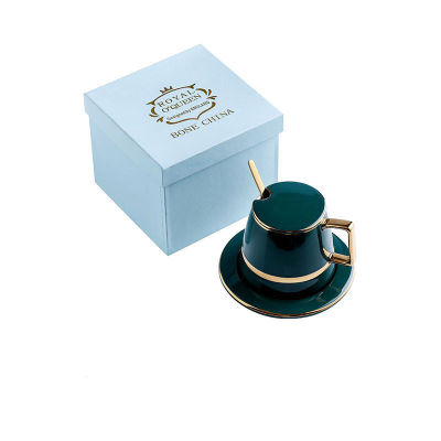 European Luxury Ceramics Coffee Cup Set With Lid Coffee Spoon Gift Box Suit Mugs Milk Tea Emerald Green Drinkware 450ml Gift Box