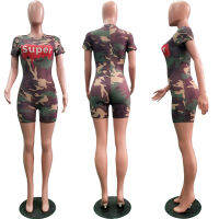 OKAYOASIS Sexy Women O-neck Short Sleeve Bodycon Camouflage Playsuit Skinny Military Printing Casual Rompers