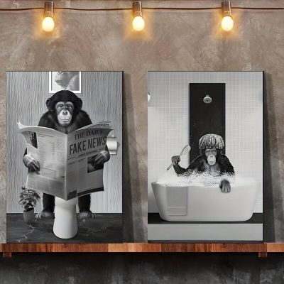 2pcs Black White Funny Monkey Reading Newspaper Canvas Painting Wall Poster for Living Room Kitchen Home Wall Decors  No Frames Wall Décor