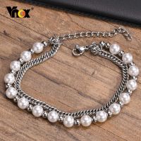 【Hot】 Vnox Layering สร้อยข้อมือผู้ชายจำลองสร้อยข้อมือลูกปัดมุก Miami Cuban Link Chain ซ้อนสายรัดข้อมือ Casual เครื่องประดับ