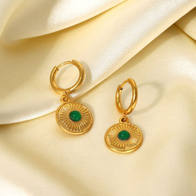 INS รุ่นใหม่ 18k ต่างหูแหวนสแตนเลสชุบทองเครื่องประดับสีเขียวกึ่งมีค่ารอบเหรียญจี้ต่างหูผู้หญิง .