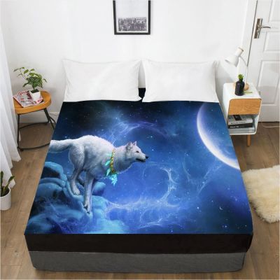3D HD Digital Printing Custom Bed Sheet With ElasticFitted Sheet Twin KingAnimal moon Wolf Bedding Mattress Cover 150x200CM