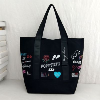 ❁ Japanese and Korean black satchel Sexy Zone large shoulder print shopping tote bag men and women fashion cotton canvas bag