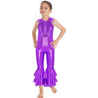 เด็กผู้หญิง Shiny Metallic Full Body Unitard Ballet Dance Gym Leotard แขนกุด Turndown Collar Bodysuit Jumpsuit