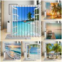 Ocean Landscape Palm Tree Beach Shower Curtains Dusk Sea Waves Island Hawaiian Scenery Polyester Fabric Bathroom Decor Set Hooks