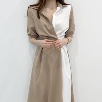 ♚▧△ 61895 Stitching Contrast Color Short Sleeve Mid-Length Dress