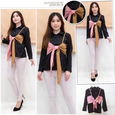 Moscrepe All Size Bust 100-102cm Front Knot Design Korean Blouse for Women