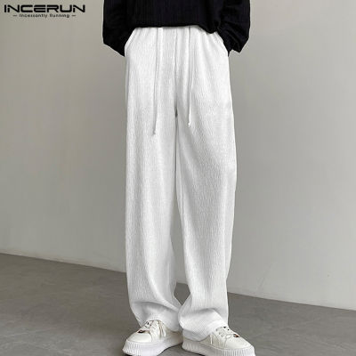INCERUN กางเกงผู้ชายระดับเอวแบบยางยืดตรงเรียบ,กางเกงทอลายแต่งระบายลำลอง (สไตล์เกาหลี)