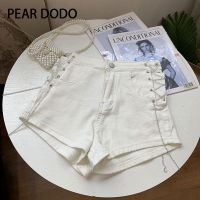 PEAR DODO Celana Pendek Denim ผู้หญิงผ่าโซ่เอวสูงสไตล์เกาหลี