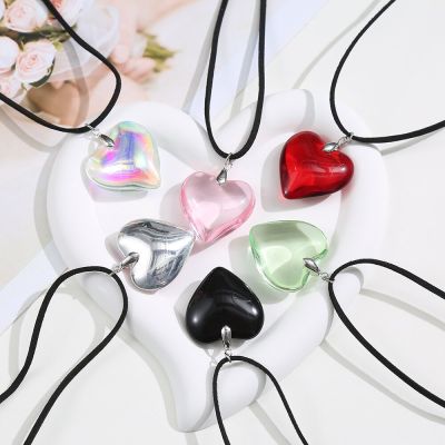 Fashionable Crystal Heart Necklace Romantic Heart Pendant Necklace Korean Style Red Heart Necklace Leather Rope Long Jewelry Bright Red Crystal Heart Charm