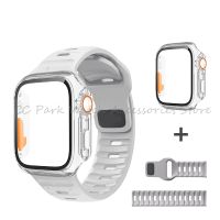 ?️‍?CC Park⌚สายซิลิโคนแบบ2 In 1ใช้ได้กับนาฬิกา Apple เคสกระจกรุ่น Ultra 8 7 6 SE 5 4 3 2 1สำหรับ IWatch ขนาด49มม. 45มม. 41มม. 44มม. 40มม. 40มม. 42มม. 38มม. สมาร์ทวอท์ชเครื่องประดับรัดข้อมือ