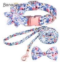 Benepaw Flower Print Dog Collar Leash Bowtie Set Adjustable Strong Gold Buckle Puppy Pet Collars For Small Medium Large Dogs