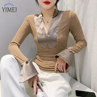 YIMEI เสื้อยืดคอวีแขนบานแบบเย็บปะติดสำหรับผู้หญิงในฤดูใบไม้ร่วงปี2023ดีไซน์แฟชั่นใหม่เอวแน่นและเสื้อแสดงอารมณ์เพรียวบาง