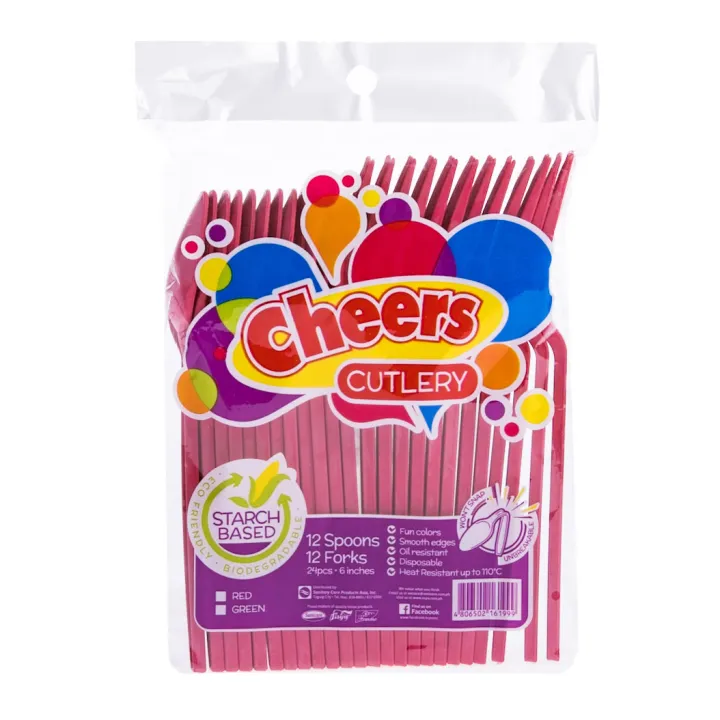 Cheers StarchBased Cutleries Spoon & Fork 12 Pairs Red Color (1 Pack