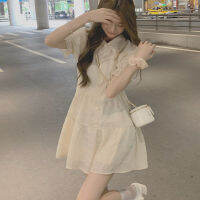 Puff Sleeve French Style Dress Summer Polo Collar Slimming Small Shirt A- Line Short Skirt Fashionable Girl Dress