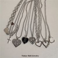 【Preflow ornament】 Kpop ชาวเยอรมันสีเงิน HeartPendant ChainFor ผู้หญิงผู้ชาย Egirl Y2KEMO พังก์ความงามกรันจ์ของขวัญเครื่องประดับ