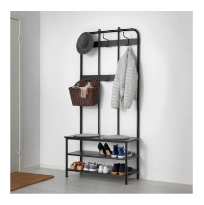 Coat rack with shoe storage bench, black size 193x37x90 cm.