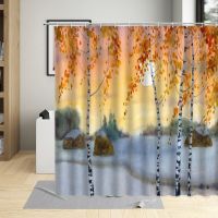 Autumn landscape Shower Curtain Sunset Forest Birch Tree Deer Scenery Pattern Bathroom Decor Polyester Cloth Hanging Curtain Set