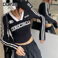 Du Yan เสื้อยืดบาร์ขนานแขนยาวเข้ารูป,เรโทรสไตล์อเมริกันใหม่เสื้อยืดฟุตบอลหญิงแขนยาว