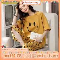 New Short Sleeve Capris Homesuit Homeclothes New Soft Printing Crew Neck Pajamas Set Pj Set Woman Preppy Style Pijamas Set